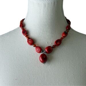 Red Beaded Statement Necklace Silver Accents‎ 18” Boho Style